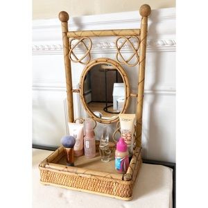 Vintage bamboo wall mirror with shelf